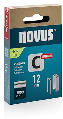 NOVUS TOOLS Schmalrückenklammern 12 mm superhart, 1000 Tacker-Klammern vom Typ 4/12, Schiebeschachtel, Heftmittel für Profilhölzer und Paneele