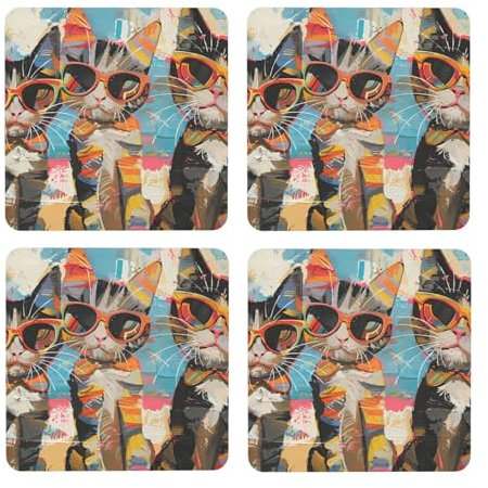 Bunte Katzen bedruckte quadratische Untersetzer für Getränke, saugfähig, 4 Stück, für Tee, Kaffee, Holz, leichte und hitzebeständige Untersetzer mit Korkboden zum Schutz Ihres Zuhauses