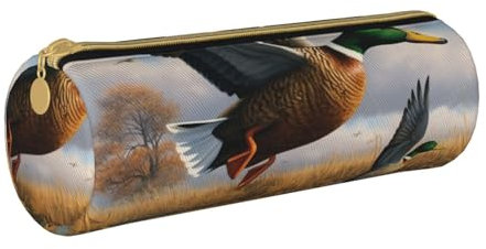 ULKMFFCF Federmäppchen mit Aufdruck Jagd fliegende wilde Enten am See, rund, niedliches Lederetui mit Reißverschluss für Schule, Büro, Reisen und Make-up, weiß, Einheitsgröße, Schulranzen