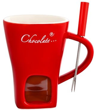 Ceramic Chocolate Fondue Mug - Melting Butter Pot with Fork, Cheese Warmer Cup, Butter Fondue Heated (Red, NO CANDLE) 0808