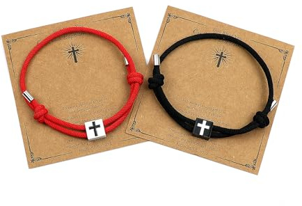 LUOKIFUR Braccialetto con croce Braccialetto di coppia Regalo di battesimo Cristiano Cattolico Religioso Ispirazione Regalo per lei (Black-Red)