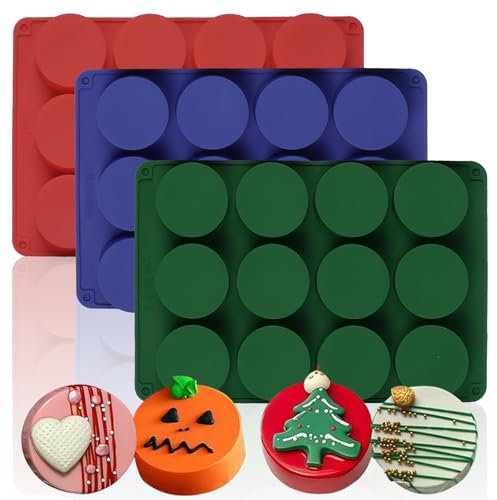 SAGOOITS - 3 moldes redondos para galletas de chocolate, moldes de silicona de chocolate de 12 cavidades para Oreo cubierto, galletas, gelatina, mini pasteles y magdalenas (verde, rojo, azul)