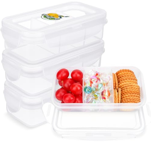 Lot de 4 petites boîtes à goûter avec 3 compartiments, 300 ml, mini boîte à goûter avec couvercle à bouton-pression, passe au micro-ondes et au lave-vaisselle pour enfants, adultes, école, travail