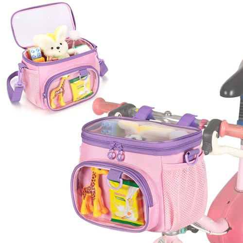 GRAOSO Bike Basket Front Kids, Bicycle Basket, Cute Bike Accessories Fit Most of Handlebar, Tricycle, Scooter Bag for Girls and Boys with Shoulder Strap, Pink, Patented Design