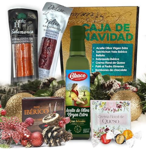 IAMI Cesta de Navidad Gourmet 1 kg con Ibéricos, Aceite de Oliva y Paté | Salchichón vela y sobrasada de cerdo | Crema floral de queso y bombones de chocolate | Detalle de empresa