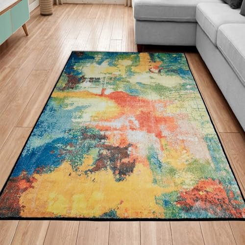 REDTAPISE Waschbare Teppiche Wohnzimmer Schlafzimmer Deko 140 x 200 cm, Bunte Abstrakte Print Design Modern Teal Blau Grün Rot Orange Senfgelb, Weiche Kurzflor Teppich Anti-Rutsch Unterseite,