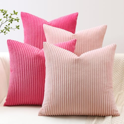 JOTOM 4er Set Cord Kissenbezüge Kissenhülle Dekorative Zierkissen Couchkissen Sofakissen Dekokissen Kordsamt Kissenbezug Deko Kissenhülle für Sofa Wohnzimmer (40x40cm, Rosa Heißes Rosa)
