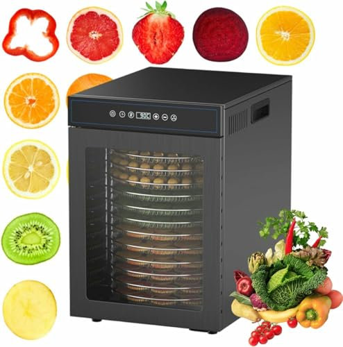 CNPRAZ Essiccatore di Alimenti in Acciaio Inossidabile, 12 Vassoi Asciutti Professionali Rotanti, Asciugacapelli da 1000 W, Asciugacapelli da 9,1 Piedi2 per Carne Secca, Argento - 110 V