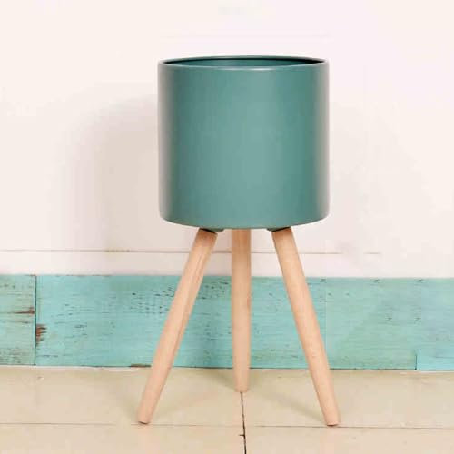 Fioriera rustica in ferro con gambe in legno – Portavaso vintage in metallo per piante da interno – Elegante cesto di fiori da pavimento (stile grande 1)