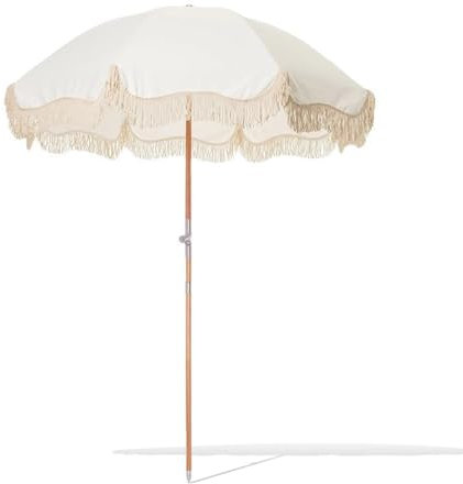 Vitt Trädgårdsparaply med Frans, 200cm Boho Strandparaply med Lutningsjustering, Runt Solskyddstak för Uteplats, Pool, Utomhus, Gräsmatta