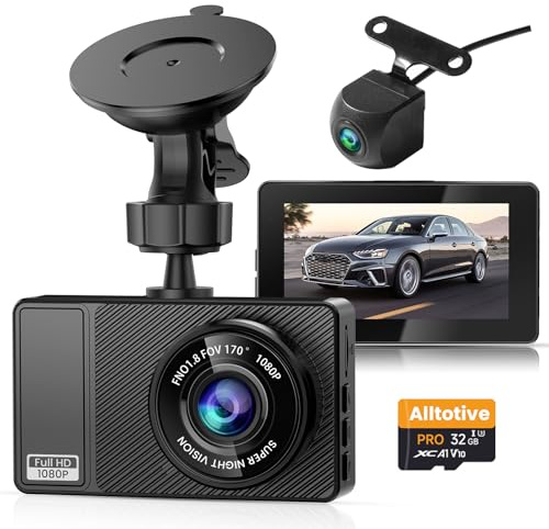Alltotive Dash Cam Front and Rear, 1080P Full HD In Car Camera Dual Lens Dashcam for Cars, SD Card Included, 170 Wide Angle with Loop Recording and G-sensor(E3)