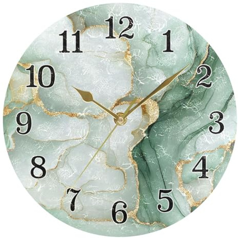 KLL Orologio da parete in marmo bianco verde salvia orologio da bagno alimentato a batteria orologio da parete per soggiorno decorativo 25,4 cm oro