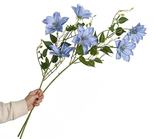 Artificial Clematis Flowers Outdoor - Realistic Fake Flower with 3 Blooms, Lifelike Leaves & Sturdy Stems (76cm) - Blue Faux Flowers for Home Decor, Garden Ornaments & Outdoor Decoration
