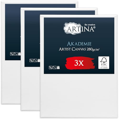 Artina Keilrahmen FSC® 3er Set Leinwand zum Bemalen für Acryl Aquarell | 30x40cm Maltuch aus 100% Baumwolle Leinwände Keilrahmenset Acryl- Aquarell- Ölfarbe Malerei Künstlerbedarf Akademie