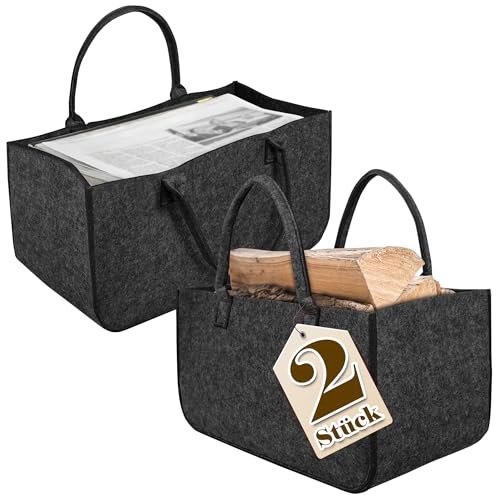 Suusolny 2 Stück Filzkorb Groß mit Griff Tasche aus Filz Faltbare Filztasche für Kaminholz Filztaschen Shopper mit Henkel Zeitungskorb Kaminholzkorb für Kleider Spielzeug Gemüse Obst - Dunkelgrau