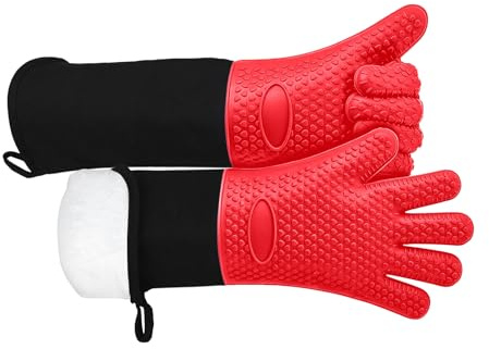 Extra Long Silicone Oven Gloves, Heat-resistant Oven Gloves, Waterproof and Non-slip Fingered Gloves, Suitable for Cooking, Baking, Grills, Weber Barbecues, Microwaves, Insulated Oven Mitts, (Red)