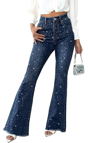 Fakanhui Jeans svasati da donna con strass e perline a campana, luccicanti e luccicanti, per feste e discoteche, Blu, M