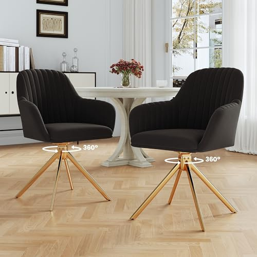 Hawthyhome Esszimmerstühle 2er Set Samt Drehstuhl Schwarz/Gold | Drehbar Esszimmerstuhl mit Armlehne,Küchenstuhl mit Metallgestell und Rückenlehne für Esszimmer,Wohnzimmer,Büro