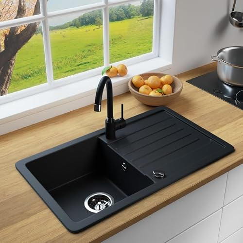 MIT ARMATUR LINDBERGH® Granit Spüle + kompl. Siphon und Imprägnierung mit Abtropffläche, Einbauspüle Küchenspüle Spülbecken - Verbundstoffe MADE IN GERMANY (VEL44 + Armatur 1-Galo)