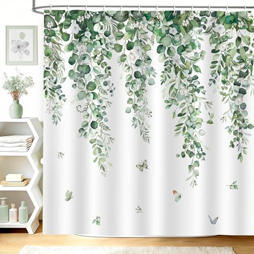 hometrixx Tenda Doccia 180x200 Eucalipto Farfalla Fiori Foglie Verde Salvia | Impermeabile Poliestere, Antimuffa, Anti Grince, Tenda Vasca da Bagno con 12 Ganci, Lavabile in Lavatrice per Casa Hotel