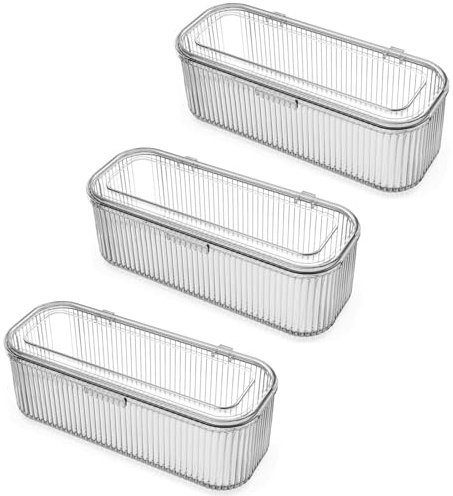 JessLab Porte Pinceaux de Maquillage, Organisateur Transparent pour Éponges, Boîte de Rangement Cosmétique avec Couvercle (3 Pack)