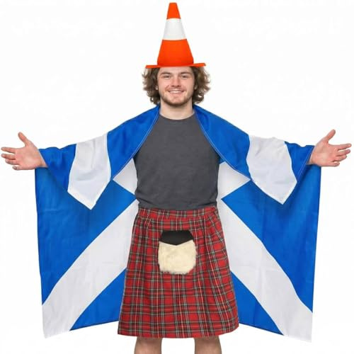 Skotsk maskeraddräkt set för vuxna – bärbar flaggmantel 1,5 x 0,9 m, trafikkonhatt och tartan kilt | rolig ny outfit – en storlek Skottland maskeraddräkt