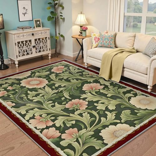Alfombra Tradicional de Estilo Oriental para Dormitorio Lavable Flores Vintage Rosas de pimpinela y Grandes Hojas de acanto, alfombras de salón de Pelo bajo 100x120cm