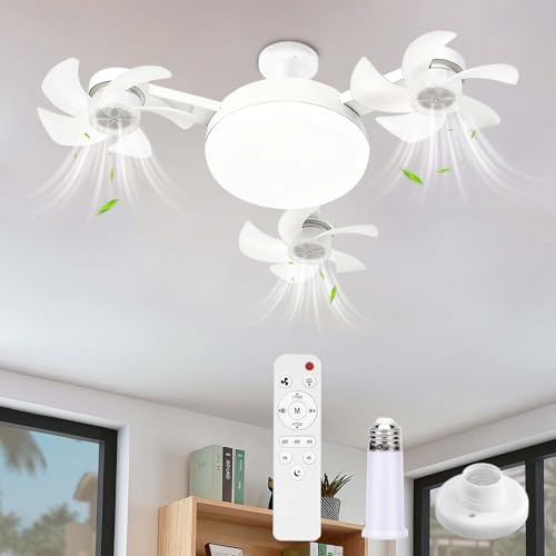 Ceiling Fan Light with Remote Control, E27 Fit No Rewiring, 50W LED 3 Colour Temperatures 3000-6500K, Dimmable, 3 Speed Quiet DC Motor, Foldable 3-Head, Sleep Timer, Bedroom Living Room Kitchen