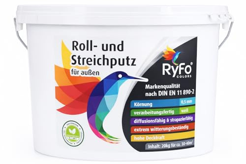 RyFo Colors Roll- & Streichputz Außen 20 kg | 0,5 mm feine Struktur | gebrauchsfertig & abtönbar | weiß matt | wetter- & scheuerbeständig