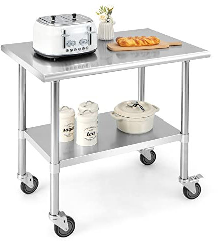 COSTWAY Tavolo da Lavoro in Acciaio Inox, Tavolo di Preparazione Alimentare/Porta Attrezzi con Ruote e Ripiano Inferiore Regolabile, per Cucina, Ristorante, Officina e Garage, 91,5 x 61 x 89,5 cm