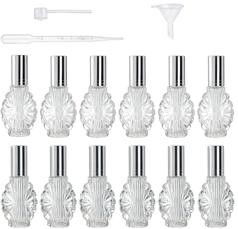 YU FENG 12pcs Empty Engraved Glass Perfume Atomizer Bottles with Funnels Pipettes Dispensers,Refillable Spray Perfume Bottles（13ml）