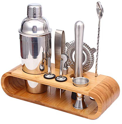 JIXIN Kit De Bar, Herramientas De Barra, Mezclador De Vino, Elegante Soporte De Bambú, Multifunción, Acero Inoxidable, 9 Unids/Set, Utensilios De Cocina Plateados