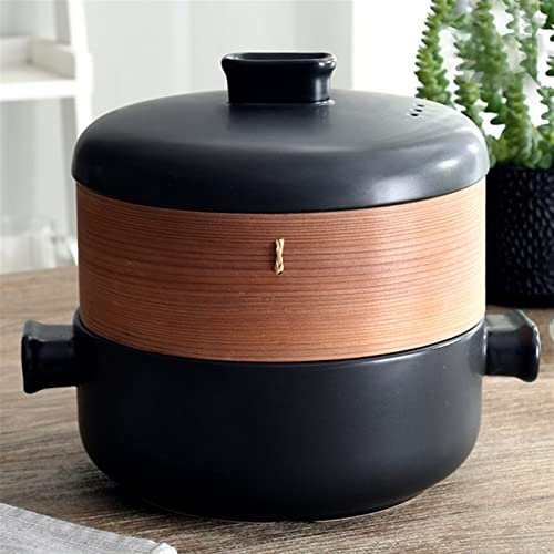 FORVOLWCO Japanese Style Ceramic Casserole Clay Pot, With Steam Insert, Stovetop Stew Pot Soup Pot, Hot Pot with Lid, Double-Decker Steamer Casserole Dish, 2.5L (Blanco : Black)