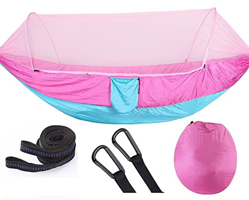 Momooda Automatische Hängematte Outdoor mit moskitonetz Tragbare Leichte Nylon Hängematte mit 2 m Langen Baumgurten für Camping Reise Trekking 300kg Tragfähigkeit Blau Rosa 250cmx120cm