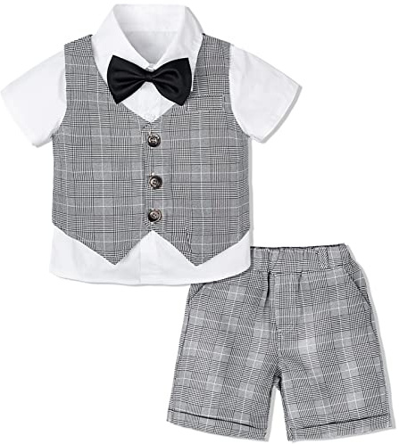 mintgreen Bebé Traje de 3 Piezas, Conjunto de Traje de Bautizo Camisa + Chaleco + Pantalones Cortos + Pajarita, 1-6 años