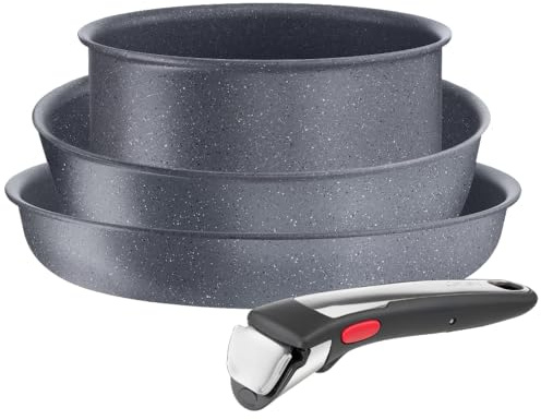 Tefal - Ingenio Natural On set med 3 stekpannor och kastruller med handtag | Set med stekpanna med patenterat avtagbart handtag, hälsosam PFOA-fri matlagning, stapelbar för optimal utrymmesbesparing