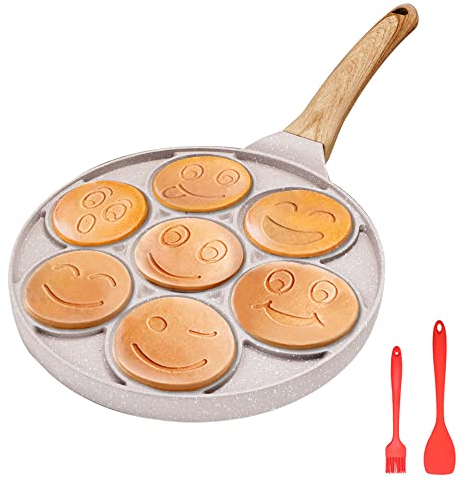 Bobikuke Smiley Face Pancake Pan, Pancake Frying Pan Non Stick 7 Holes Mini Pancake Maker for Kids Induction Compatible 26cm - White