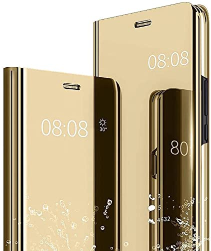 NEINEI Hülle für iPhone 14 Pro Max (6,7”),Luxus Spiegel Flip Handyhülle mit Standfunktion,Transparent PC/PU Stoßfest Ledertasche Schutzhülle,Smart Clear View Case Cover,Gold