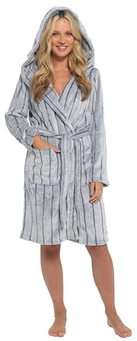 Daisy Dreamer Womens Snuggle Fleece Dressing Gown Robes Extra Long Super Soft Cuddly Velvet Touch Plush Bathrobe Gowns for Ladies, Grey Stripe 16-18