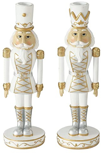 MamboCat Lot de 2 bougeoirs Cracky I H27 cm I blanc et doré - En forme de casse-noisette - Bougies tiges - Noël - Décoration de table pour salon, cuisine, table à manger et autres