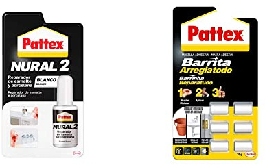 Pattex Nural 2 Reparador de esmalte y porcelana, esmalte permanente blanco para desconchados, golpes y rozaduras,1 x 50 g & Barrita arreglatodo, masilla adhesiva sella, pega, monodosis 6 x 5 gr