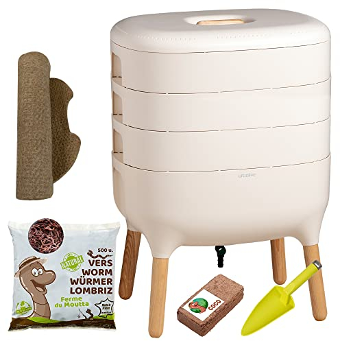 Moutta | Urbalive 3 Schalen Elfenbein, Komplettset I Design Wurmkomposter I 250g Kompostwürmer / 500 STK. I Startersubstrat I Hanfmatte + Schaufel I Innenraum, Balkon und Garten