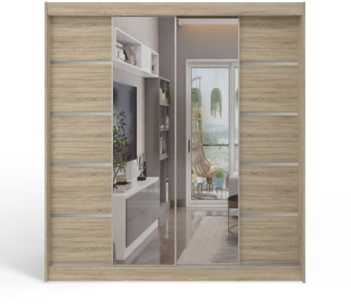 ML Furniture T5 Schiebetüren Kleiderschrank 180 x 215 x 58 cm mit Spiegel - Schlafzimmermöbel, Aufbewahrung - Mehrzweckschrank - Farbe: Sonoma - 2 Schiebetüren