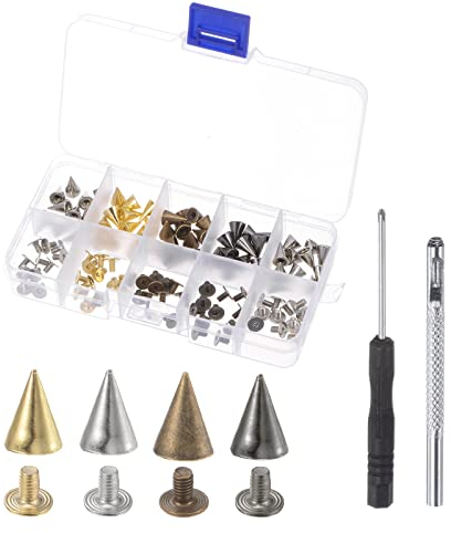 sourcing map 50 Set Kegelspitzen und Nieten 10mm 0.4 4 Farben Metall Nieten Schraube Rückennieten Punk Stacheln mit Stanzen Schraubenzieher und Lagerbox für Basteln Bekleidung