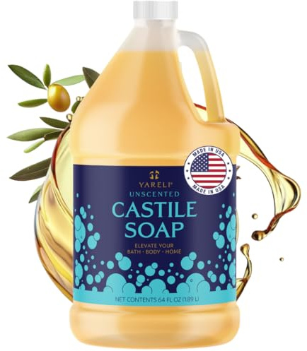 YARELI Pure Castile Soap Liquid, Unscented, EWG Verified with All Organic Oils for Adults, Kids and Babies as Body Wash or Hand Soap, 64oz Refill
