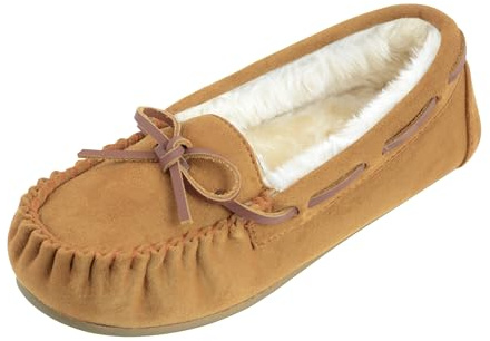 FIBURE Womens Moccasin Slippers Micro Suede Cozy Indoor Outdoor House Shoes Brown Size 9 US