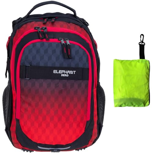 Elephant Schulrucksack Hero Signature Rucksack Schultasche Schulmappe Daypack Mädchen mit Regenhülle +r (Red Cube 12868 (rot schwarz))