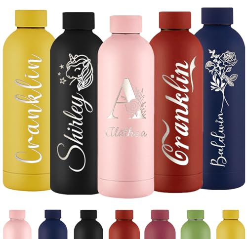Personalisierte Trinkflasche Gravur Wasserflasche mit Namen Individuell Rostfreier Edelstahl Metall 500 ml Thermosflasche für Schule Büro Sport