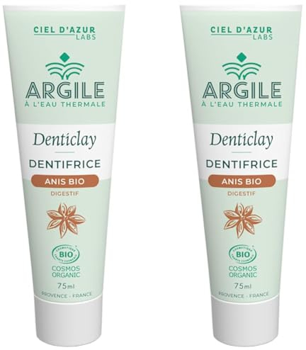 CIEL D'AZUR LABS - Denticlay Argile - Dentifrice Bio à l'Argile Blanche et à l'Eau Thermale de Digne les Bains - Certifié Bio Cosmos Organic - Tube 75ml - Anis (Lot de 2)