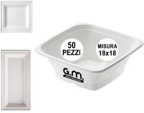 G.M. DISTRIBUZIONE 50 Ciotole Quadrate Bianche in Polpa di Cellulosa 18x18 cm, Ideale per Cibi Caldi e Freddi, Ciotole Imperameabili Usa e Getta Adatti al Microonde, Biodegradabili e Compostabili